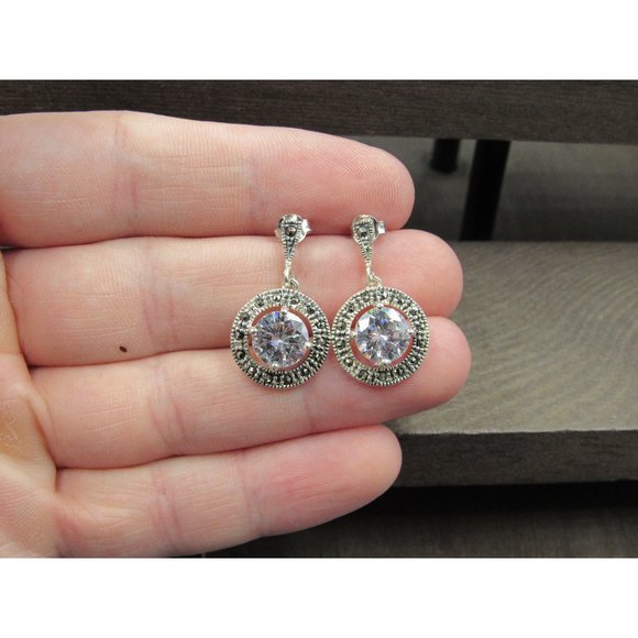 Jewelry - Sterling Silver Round CZ And Marcasite Accent Dangle Earrings Vintage Wedding